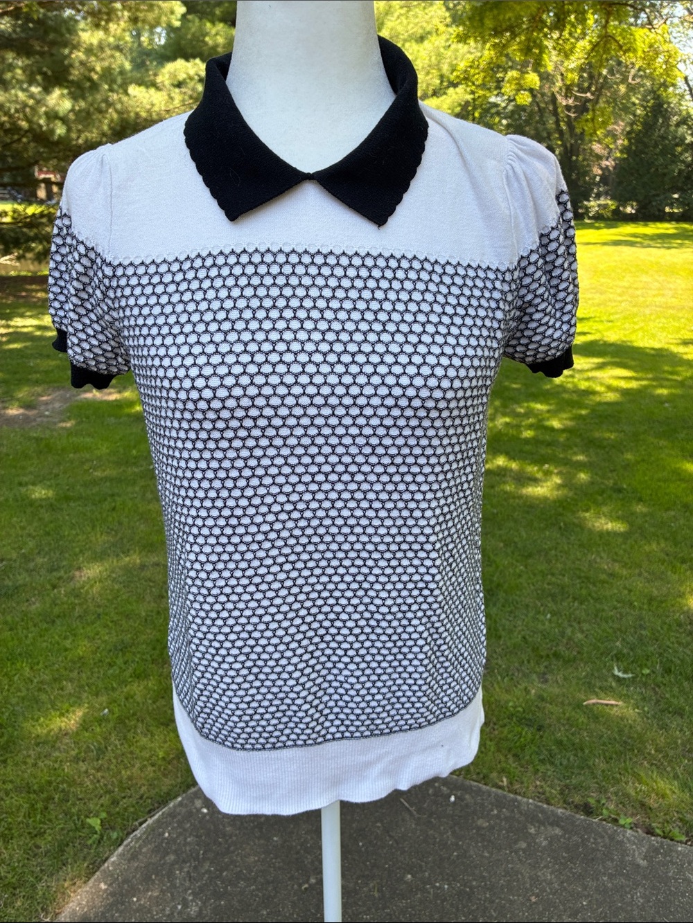 Elle White Knit Top with Black Honeycomb Detail